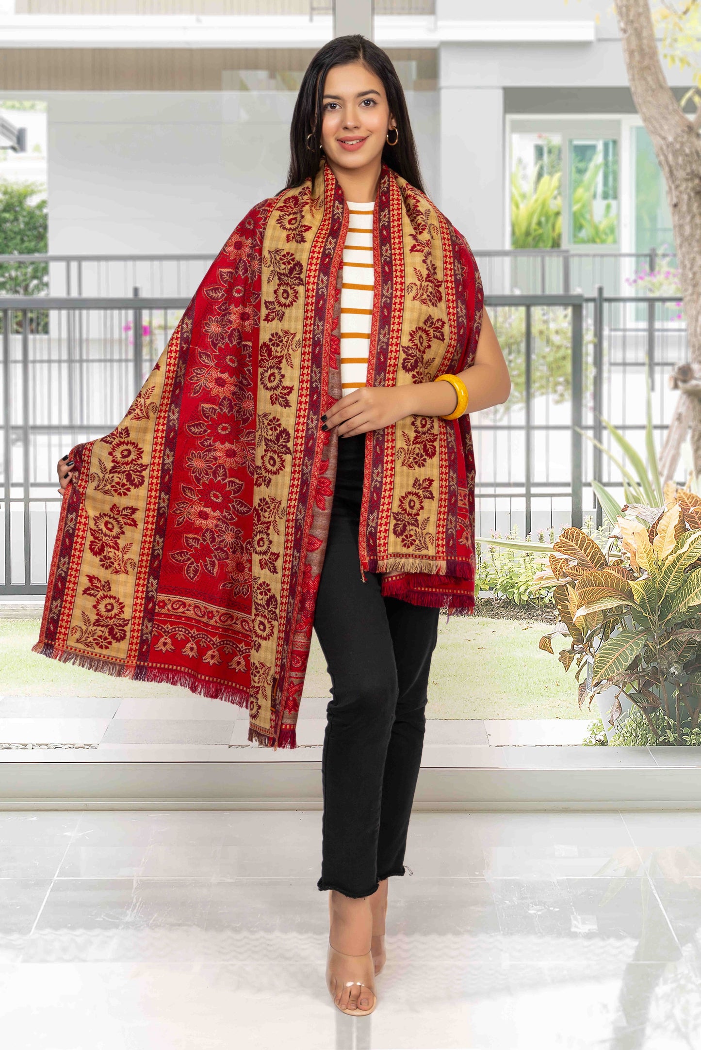 KRITI Paisley Designer Woollen Red Colour Shawl For Women