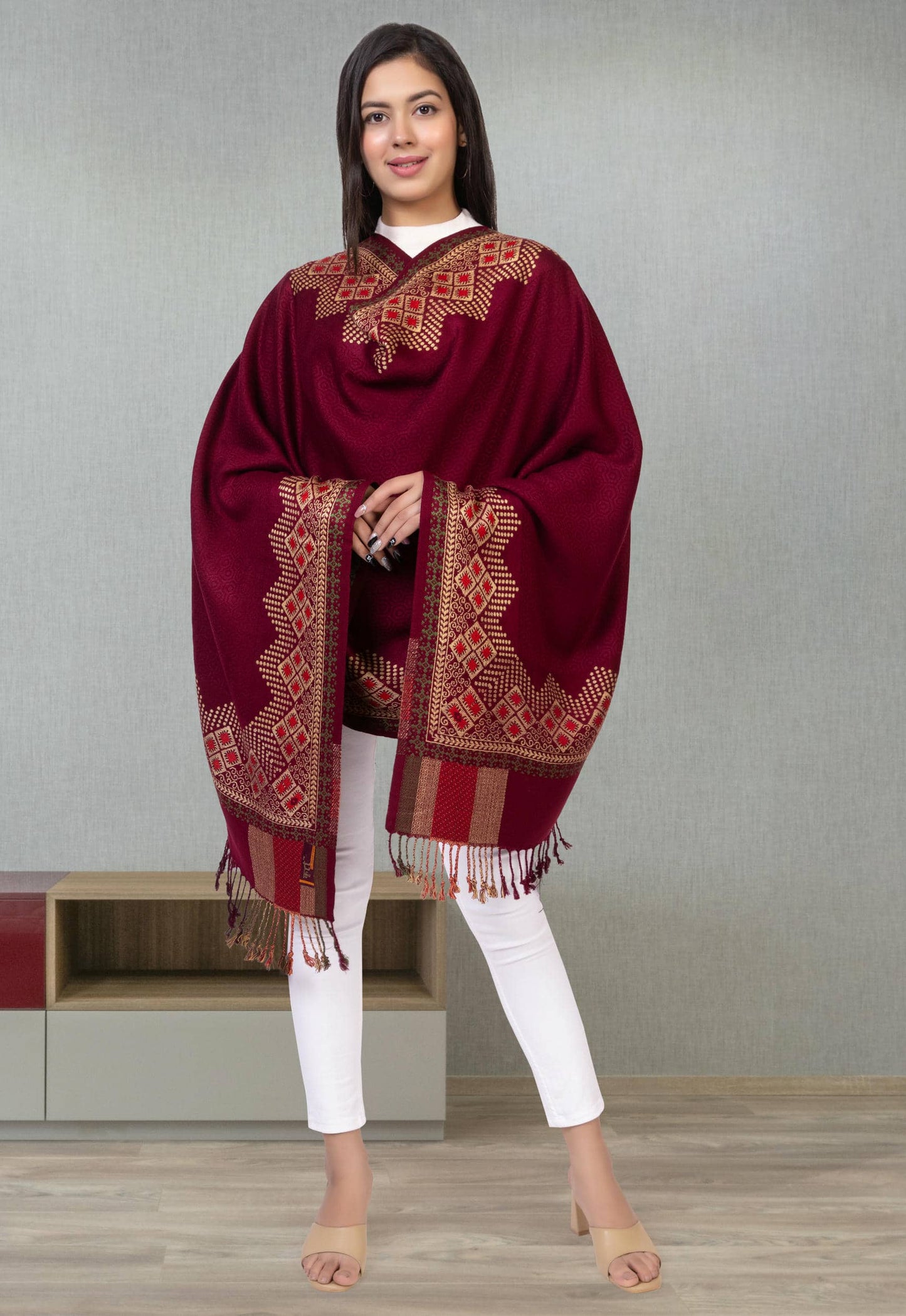 Maroon Polywool Stole with Geometric Border and Festive Vibe