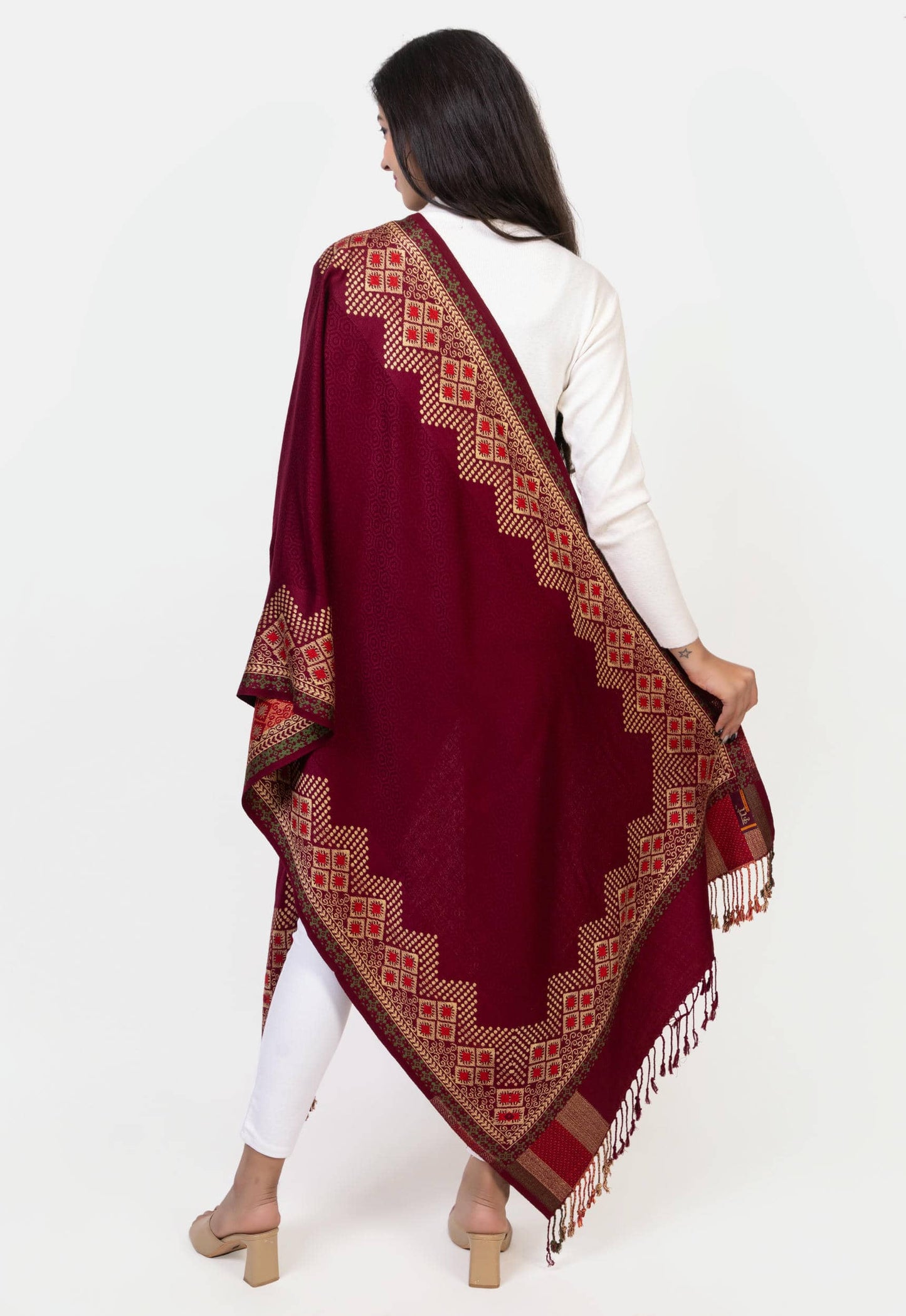 Maroon Polywool Stole with Geometric Border and Festive Vibe