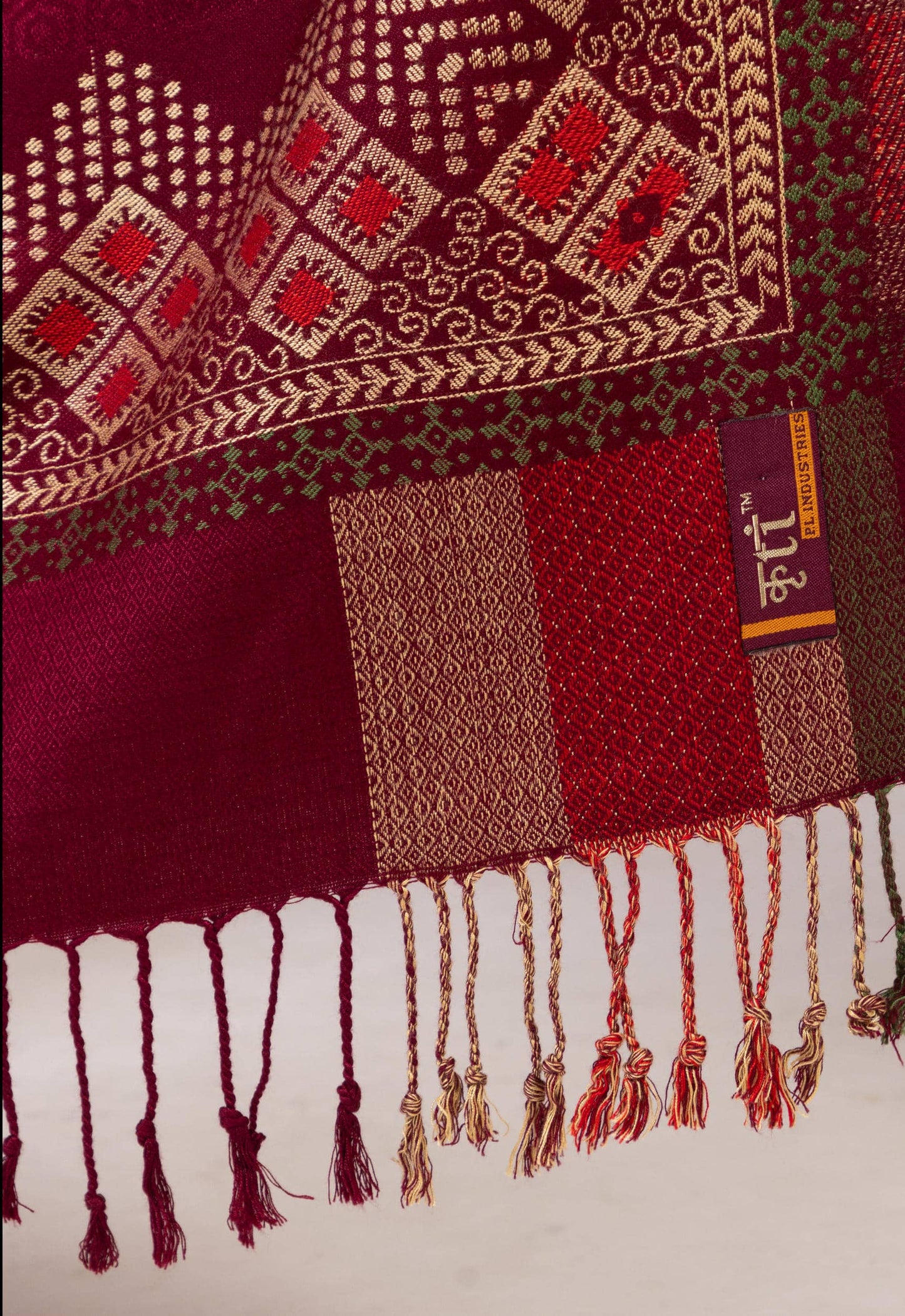 Maroon Polywool Stole with Geometric Border and Festive Vibe