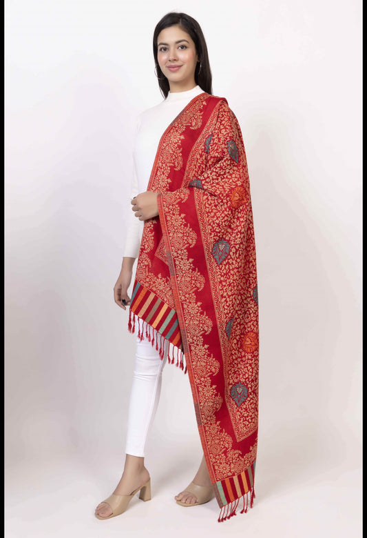 KRITI Floral Designer Woollen Red Colour Stole For Girl