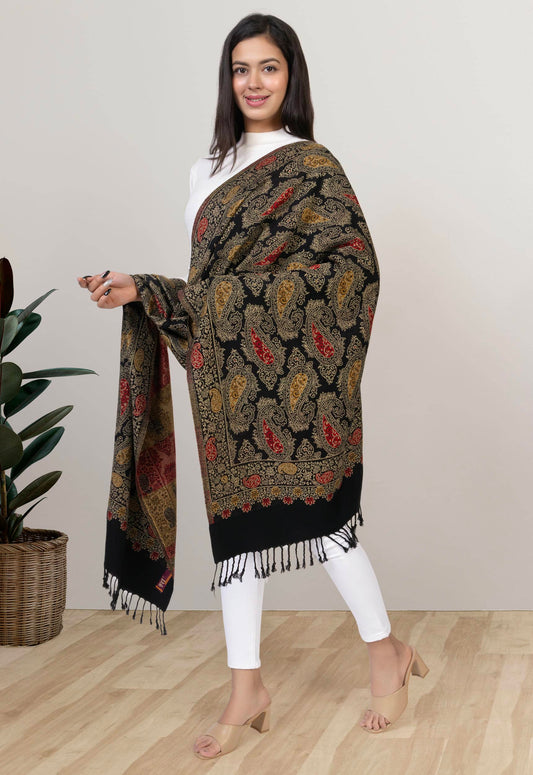 KRITI Leaf Pattern Woollen Black Color Stole For Girl