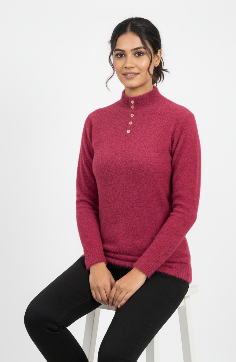 KRITI Winter Hair Wool Mock Neck Top Megenta Colour For Women