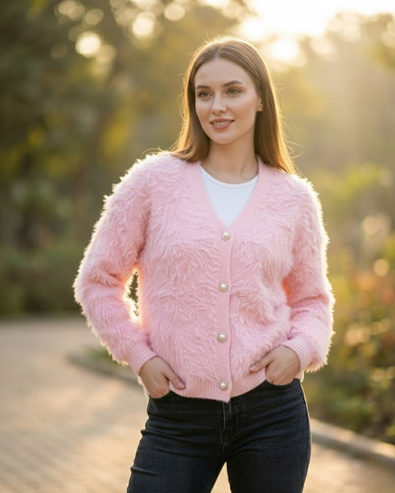 Women's Open Front Woolen Fluffy Top | Pink Oversized Fuzzy Shaggy Top | Long Sleeve & Loose Fit