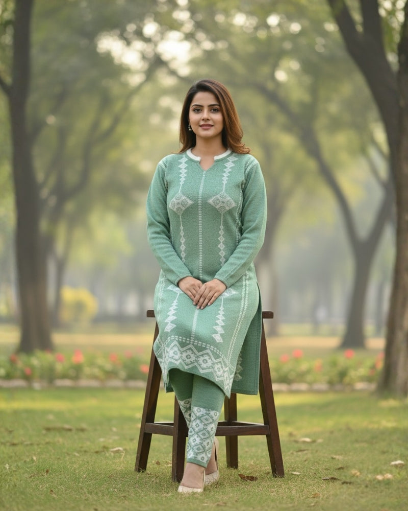 प्रीमियम 3-पीस ऊनी विंटर कुर्ती सेट | बॉटम और स्टोल के साथ बुना हुआ कुर्ता | M-XXL साइज़