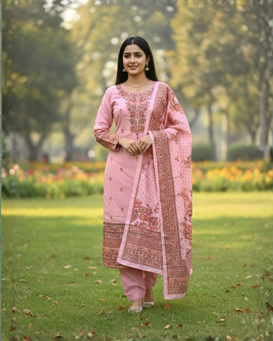 KRITI Woolen Digital Print Stitched Suit Pink Color For Women Winter