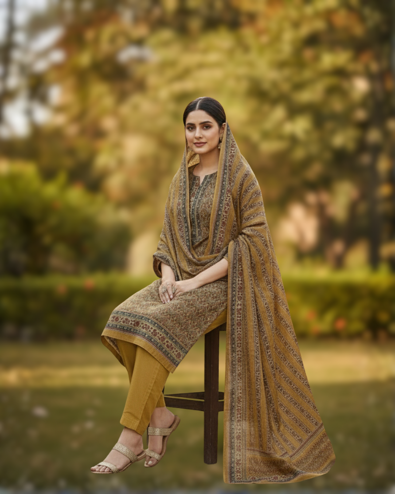 KRITI Winter Woolen Unstitched Suit Mustard Color For Women