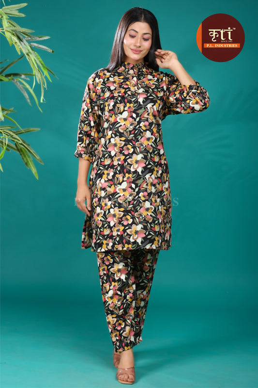 KRITI Floral Printed Cotton Cord Set Black color For Women