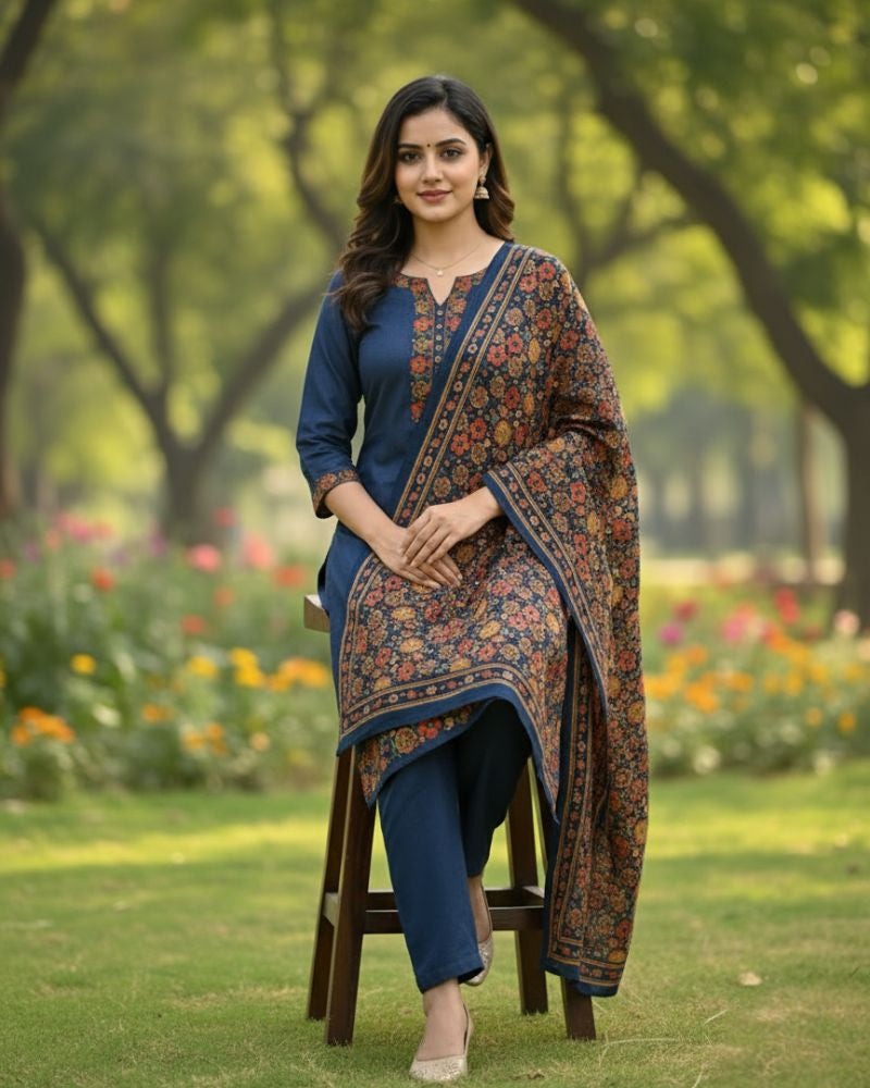 KRITI Winter Woolen Unstitched Suit Blue Color For Women