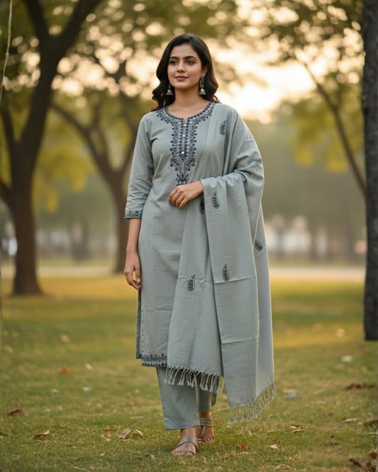 KRITI Woolen Embroidered Stitched Suit Grey Color For Women Winter