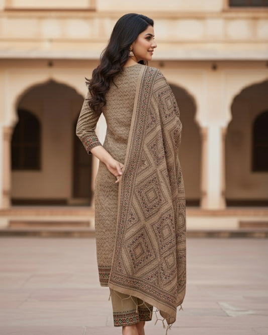 KRITI Winter Woolen Unstitched Suit Camel Color For Women