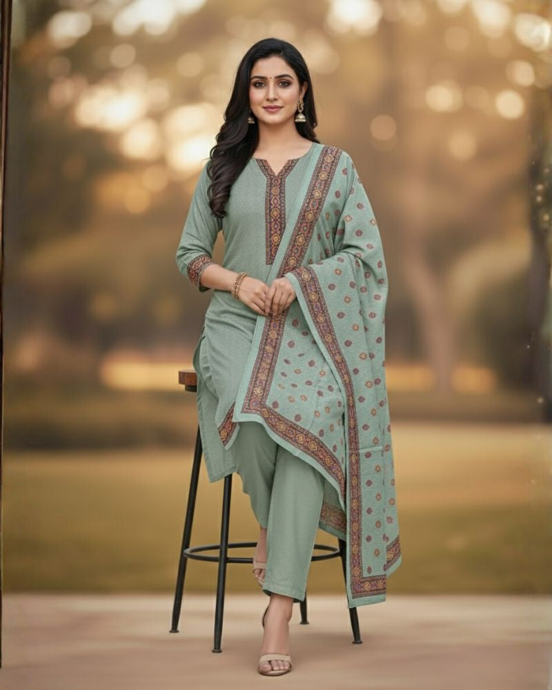 KRITI Winter Woolen Unstitched Suit Mint Green Color For Women