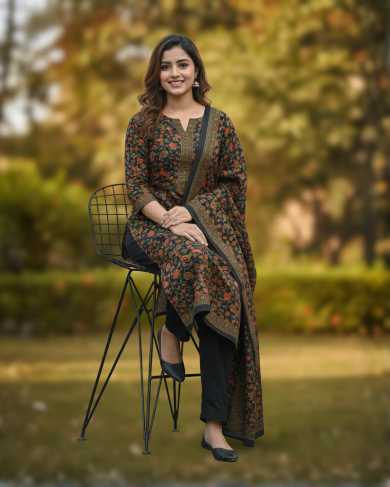 KRITI महिलाओं के लिए फ्लोरल डिज़ाइन ऊनी काले रंग का अनस्टिच्ड फ़ैब्रिक सूट सेट विंटरवियर