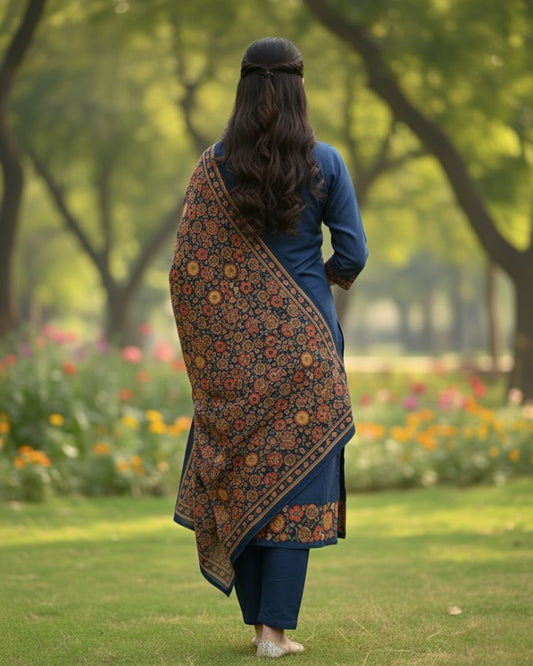 KRITI महिलाओं के लिए डिजिटल प्रिंट ऊनी नीले रंग का अनस्टिच्ड फ़ैब्रिक सूट सेट विंटरवियर