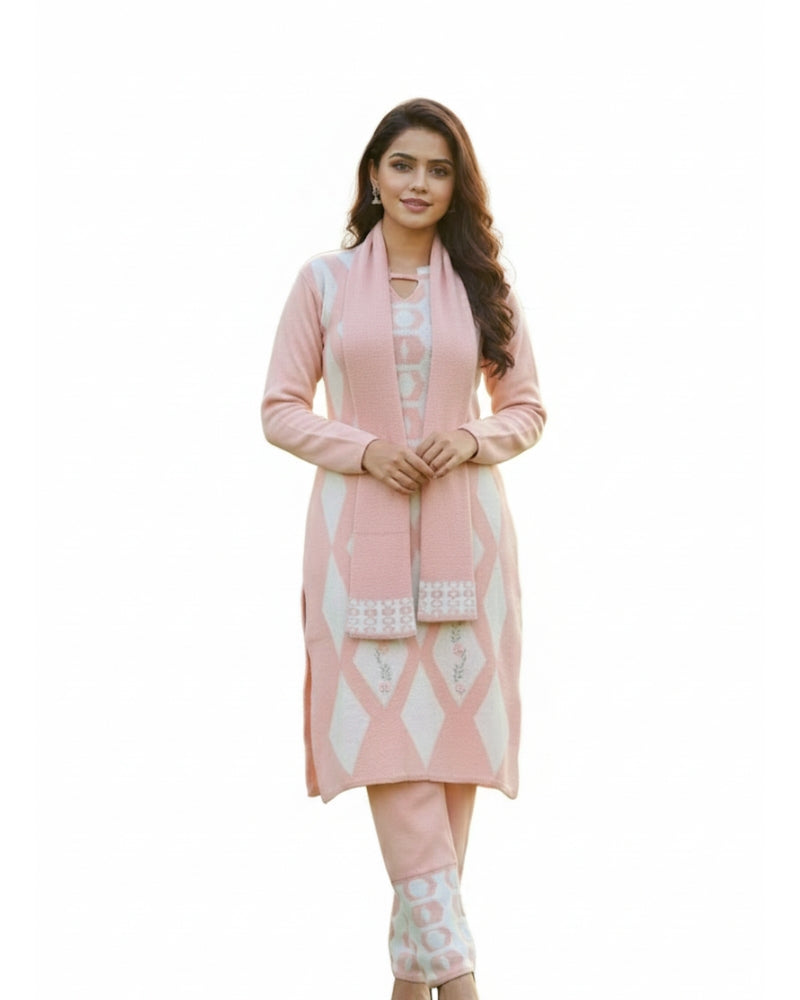 Women's Geometric Print Peach Color Woolen Kurti Set | Warm Winter 3-Piece Suit