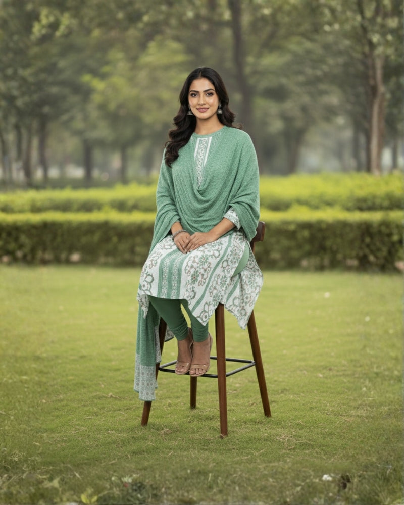 KRITI Winter Embroidery 3 Piece Kurti Set Green Color For Women