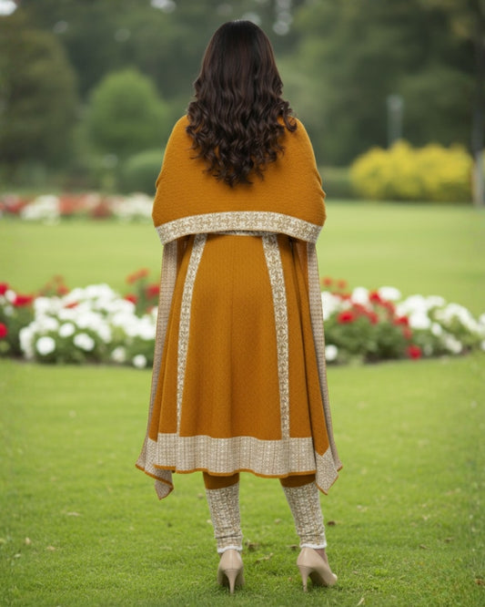 KRITI Winter Embroidery 3 PC Kurti Set Mustard Color For Women