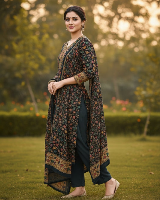 KRITI Winter Woolen Unstitched Suit Black And Green Color For Women