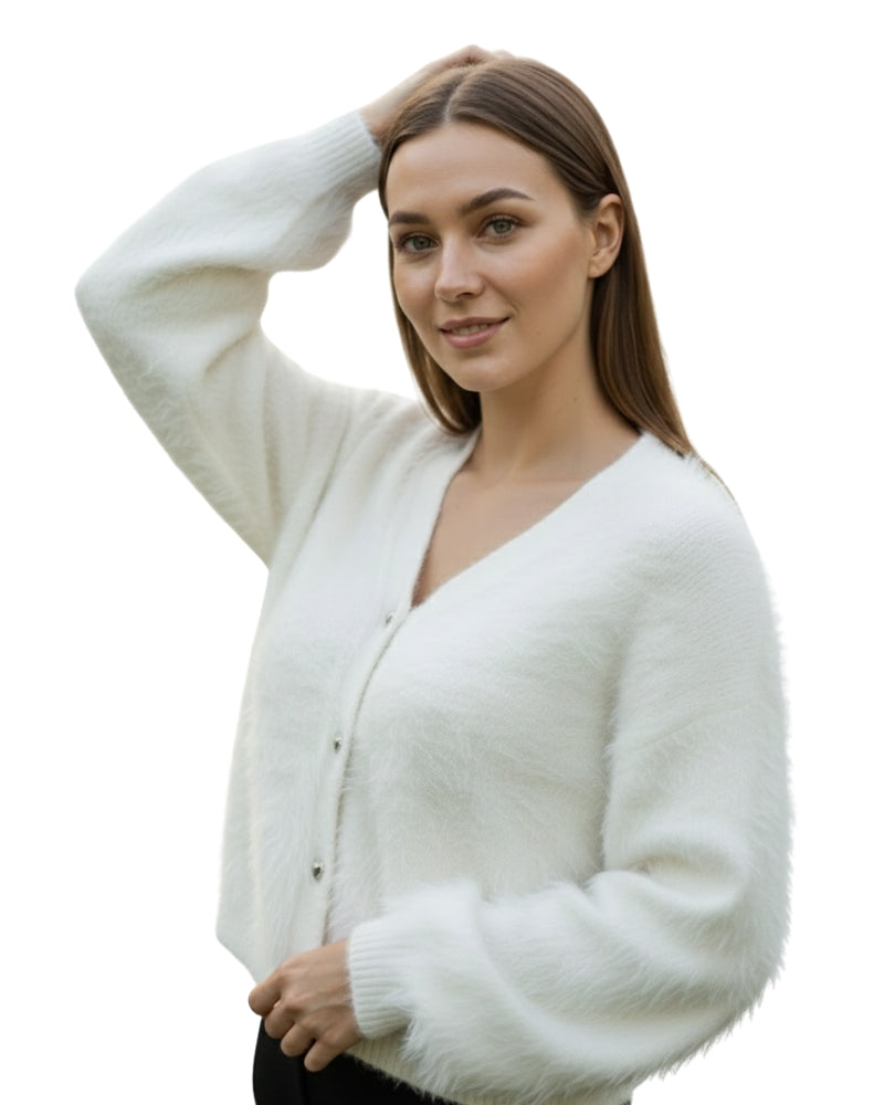 Women's Open Front Woolen Fluffy Top | White Oversized Fuzzy Shaggy Top | Long Sleeve & Loose Fit