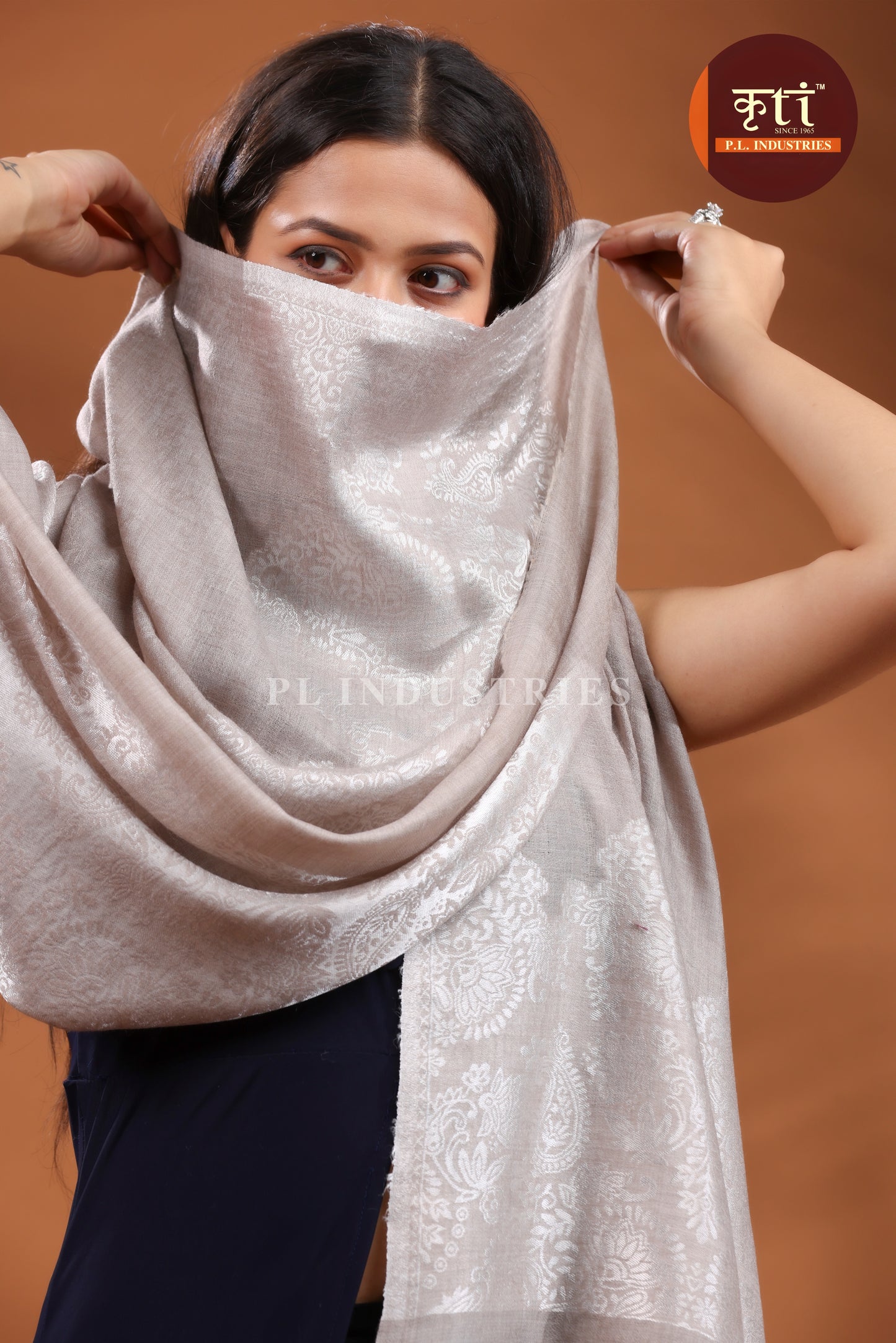 KRITI Premium Floral Design Fine Wool Beige Color Shawl For Women