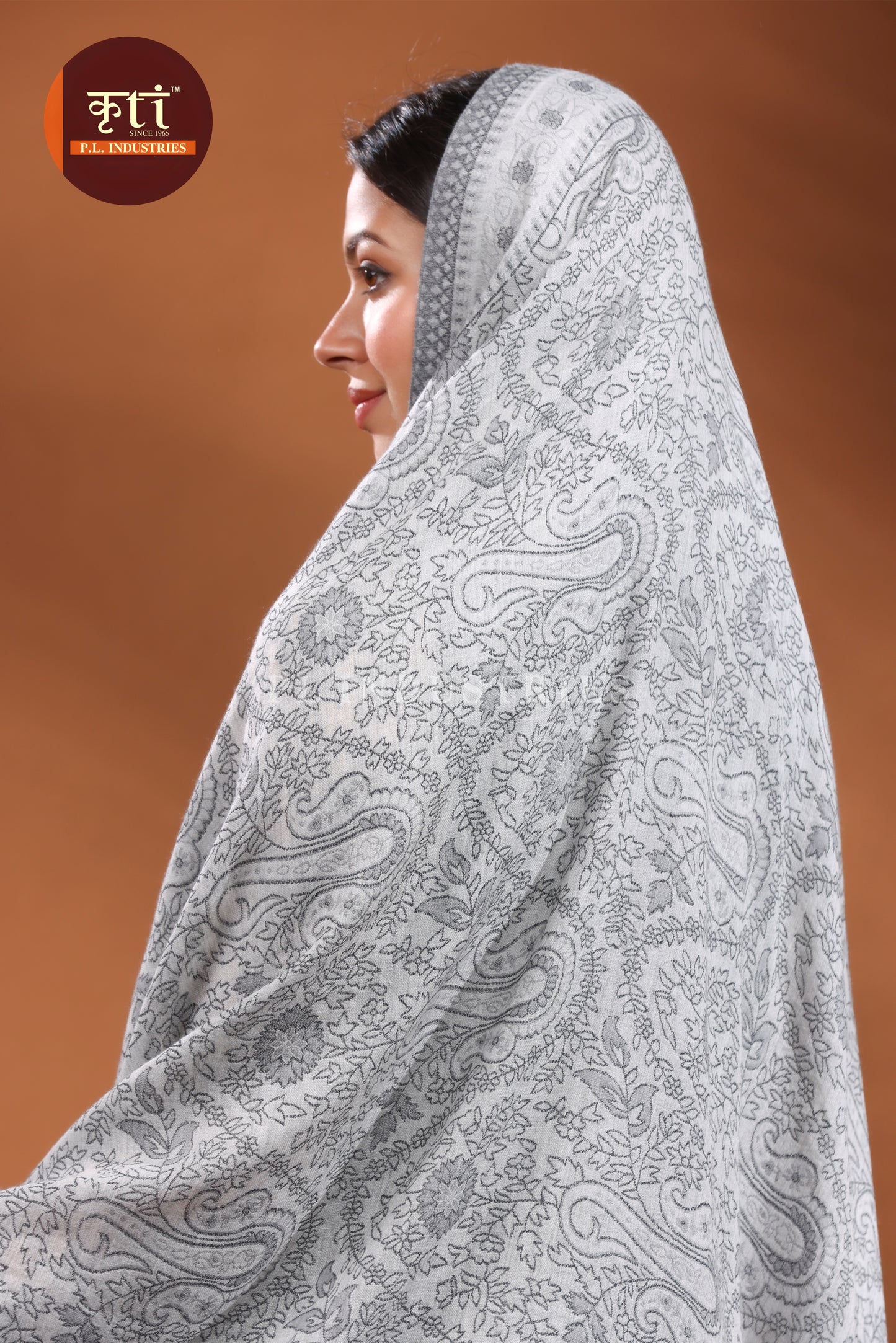 KRITI Premium Paisley Floral Design Fine Wool Grey Shawl for Women