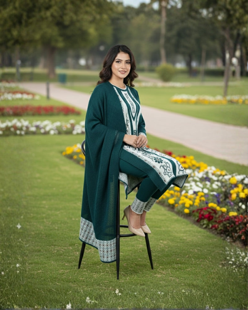 KRITI Winter Embroidery 3 Piece Kurti Set Bottle Green Color For Women