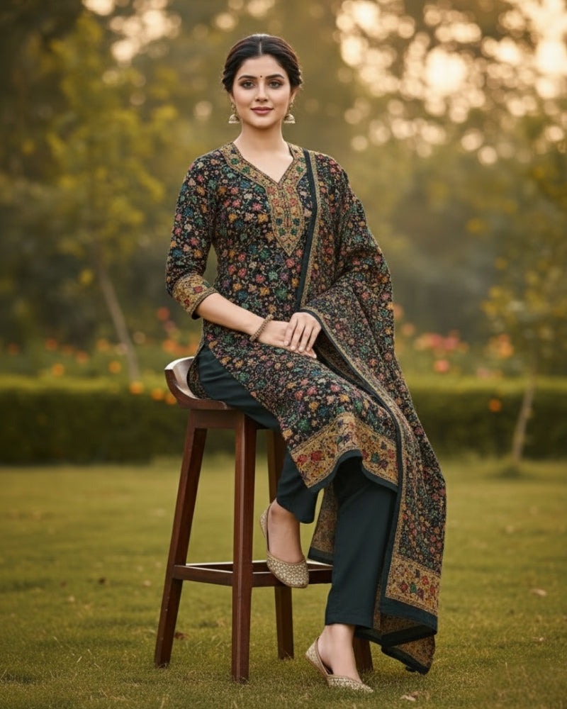 KRITI Winter Woolen Unstitched Suit Black And Green Color For Women