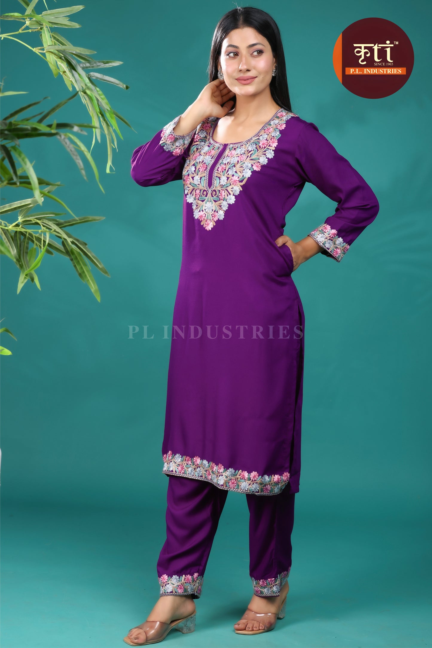 Purple Rayon Cotton Co-ord set with Intricate Floral Hand Embroidery for Women| Premium Ethnic Wear by Kriti