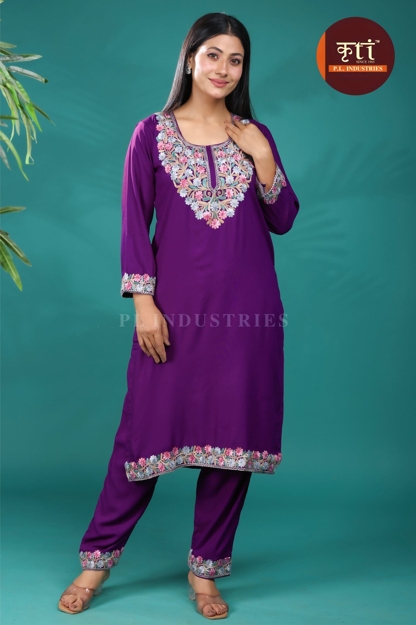 Purple Rayon Cotton Co-ord set with Intricate Floral Hand Embroidery for Women| Premium Ethnic Wear by Kriti