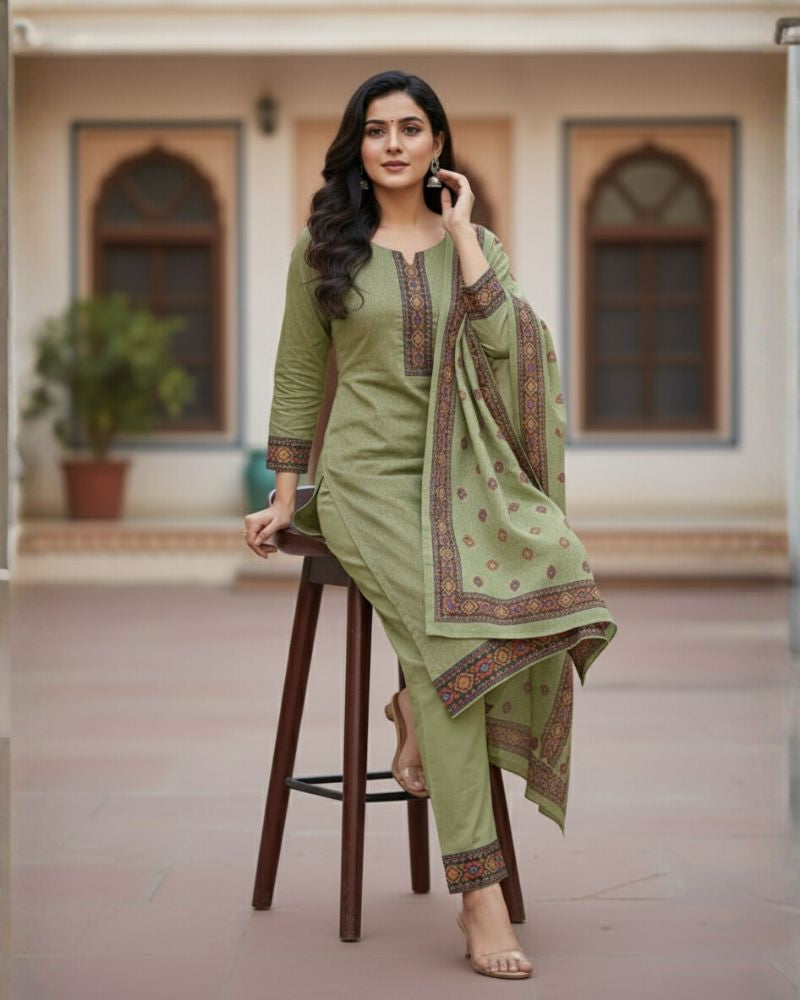 KRITI Winter Woolen Unstitched Suit Green Color For Women