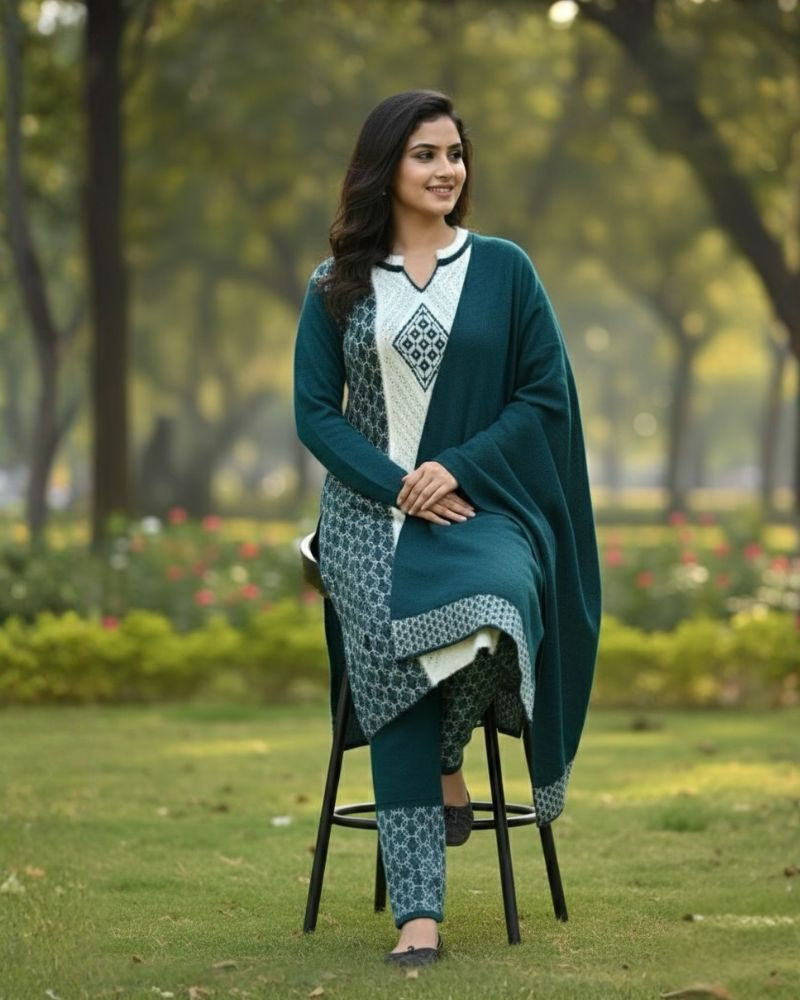 प्रीमियम 3-पीस ऊनी विंटर कुर्ती सेट | बॉटम और स्टोल के साथ बुना हुआ कुर्ता | M-XXL साइज़