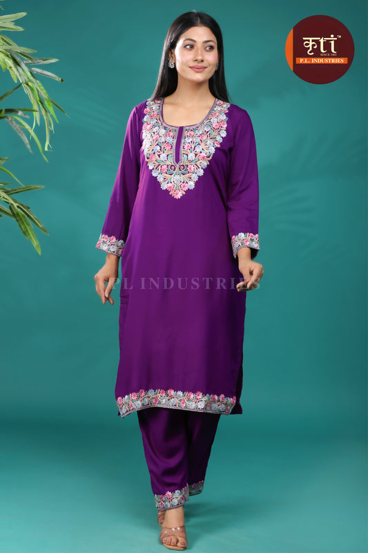 KRITI Floral Embroidery Cotton Cord Set Purple Color For Women
