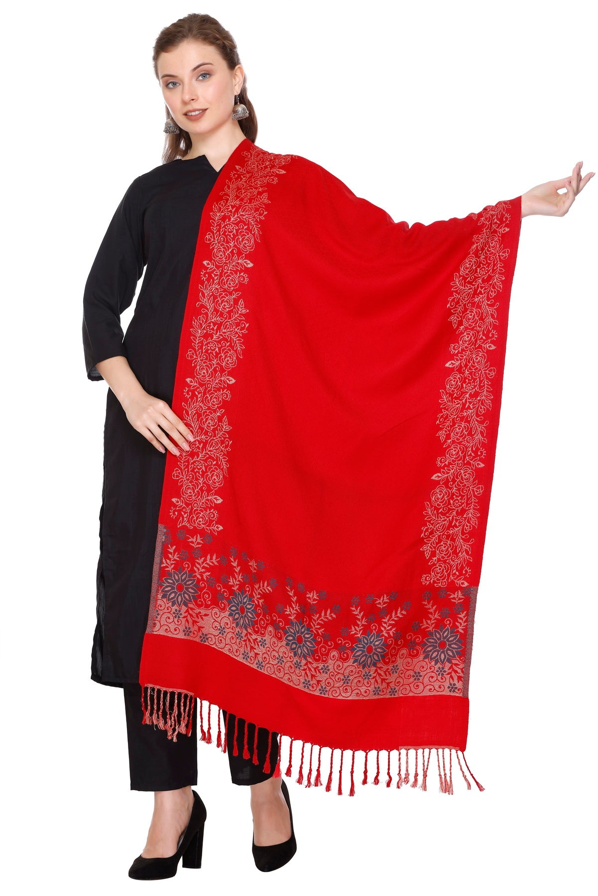 KRITI Floral Border Woollen Red Color Stole For Girl