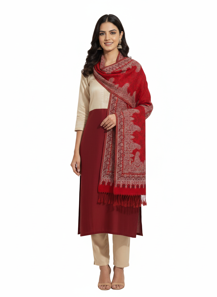 KRITI Paisley Pattern Woolen Red Color Stole For Girl