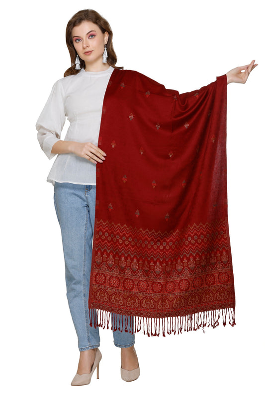 KRITI Jacquard Design  Woollen Maroon Color Stole For Girl