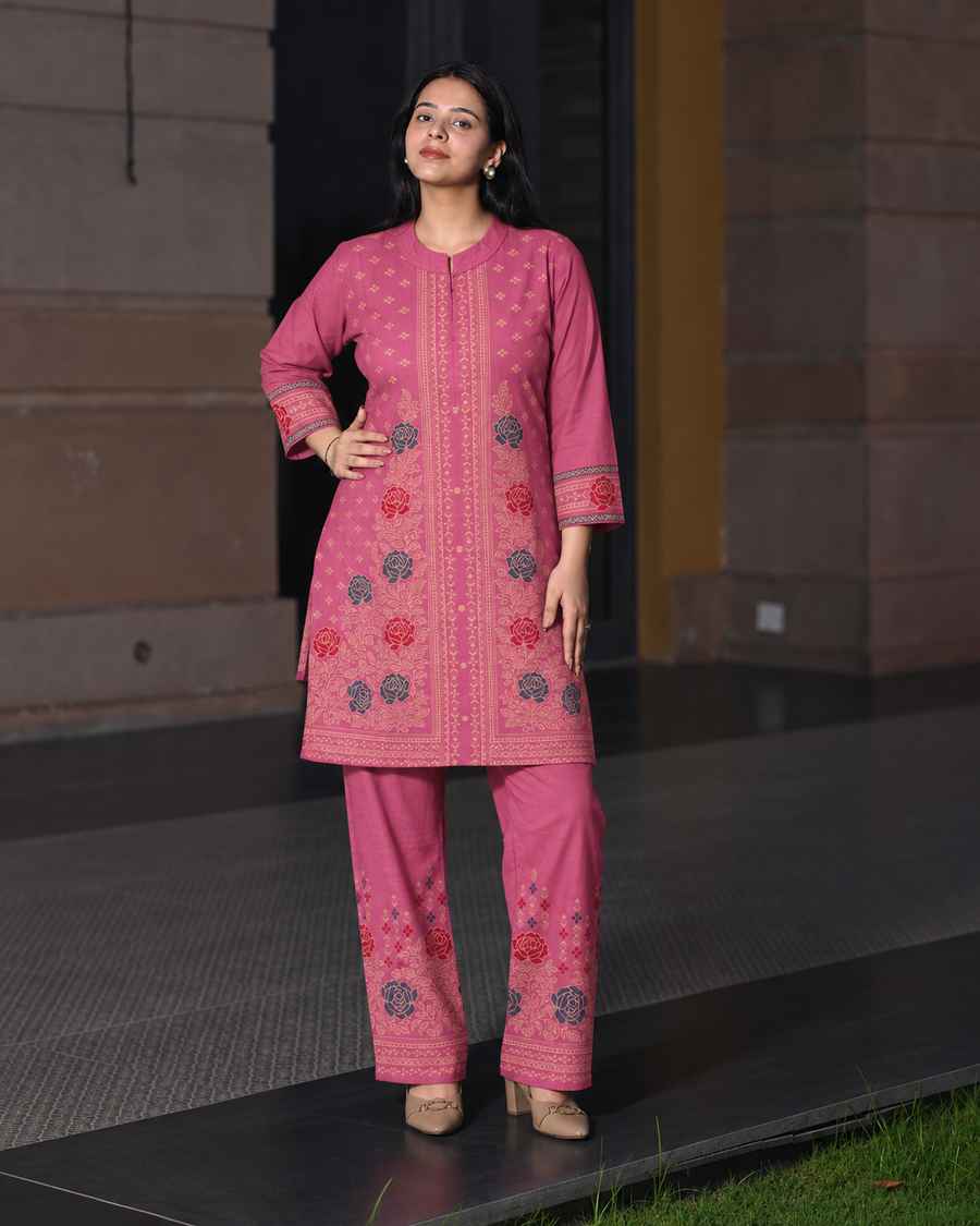 Winter Woolen Printed Cord Set - Pink