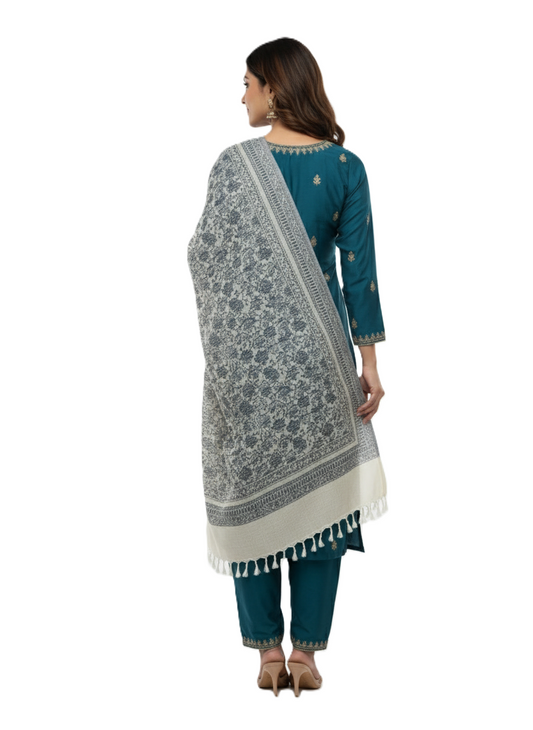 KRITI Floral Design Warm Woolen Off White Color Shawl for Women
