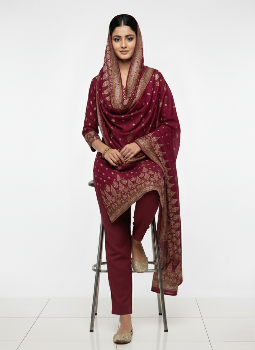 KRITI Winter Woolen Unstitched Suit Maroon Color For Women