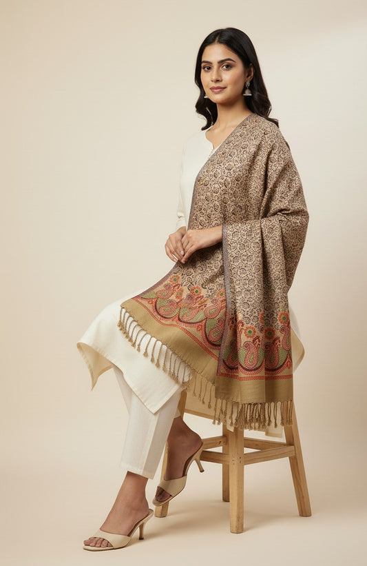 KRITI Paisley Pattern Woolen Beige Color Stole For Girl