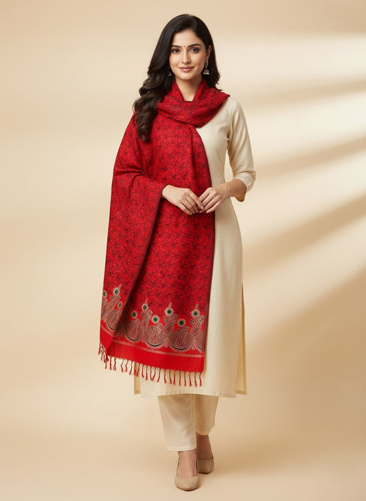 KRITI Paisley Pattern Woolen Red Color Stole For Girl