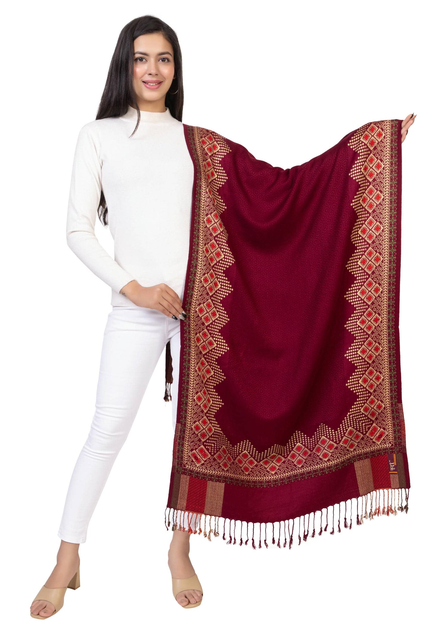 Maroon Polywool Stole with Geometric Border and Festive Vibe