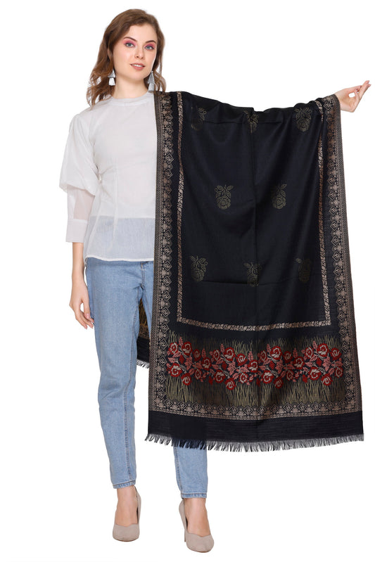 KRITI  Floral Border Woollen Black Color Stole For Girl