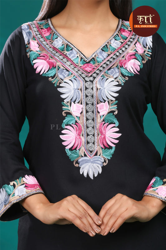 KRITI Floral Embroidery Rayon Cotton Cord Set Black For Women