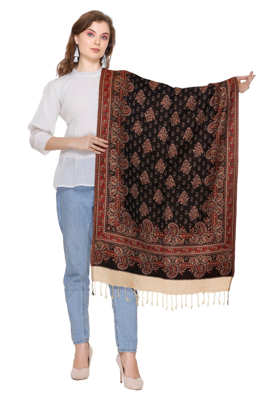 KRITI Kashmiri Design Woollen Black Color Stole For Girl