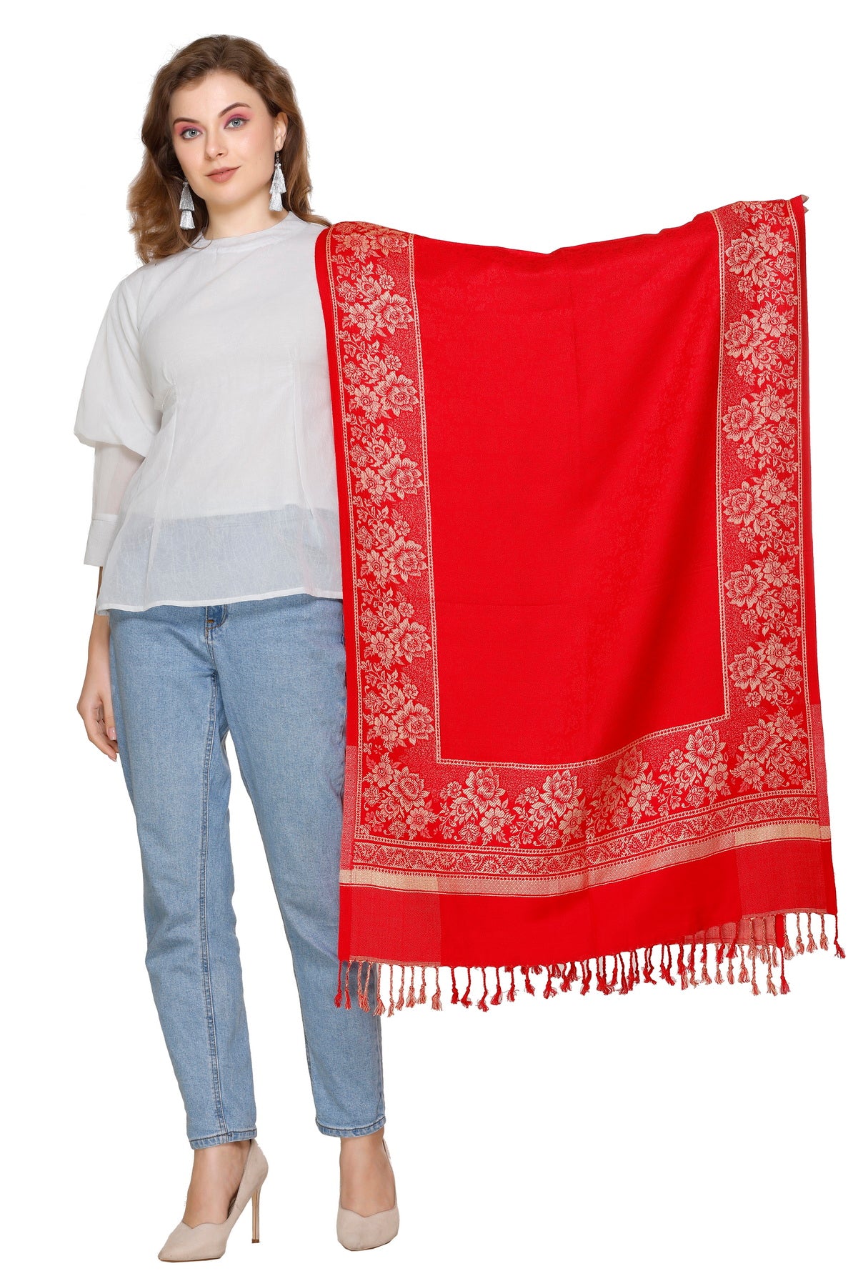 KRITI Floral Border Woollen Red Color Stole For Girl