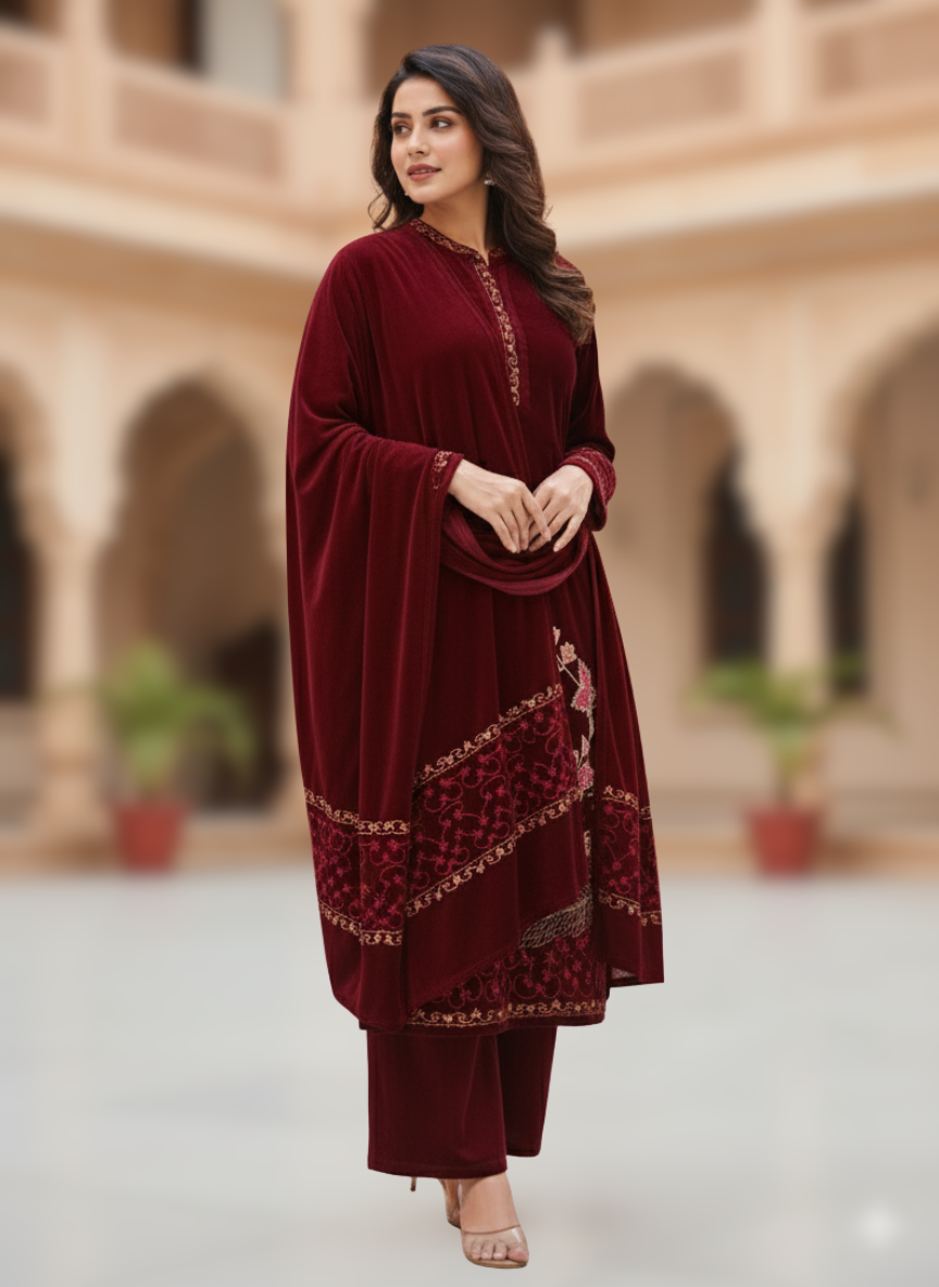 KRITI Winter Velvet 3 Piece Kurti Set Wine Color For Women