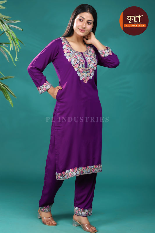 KRITI Floral Embroidery Cotton Cord Set Purple Color For Women