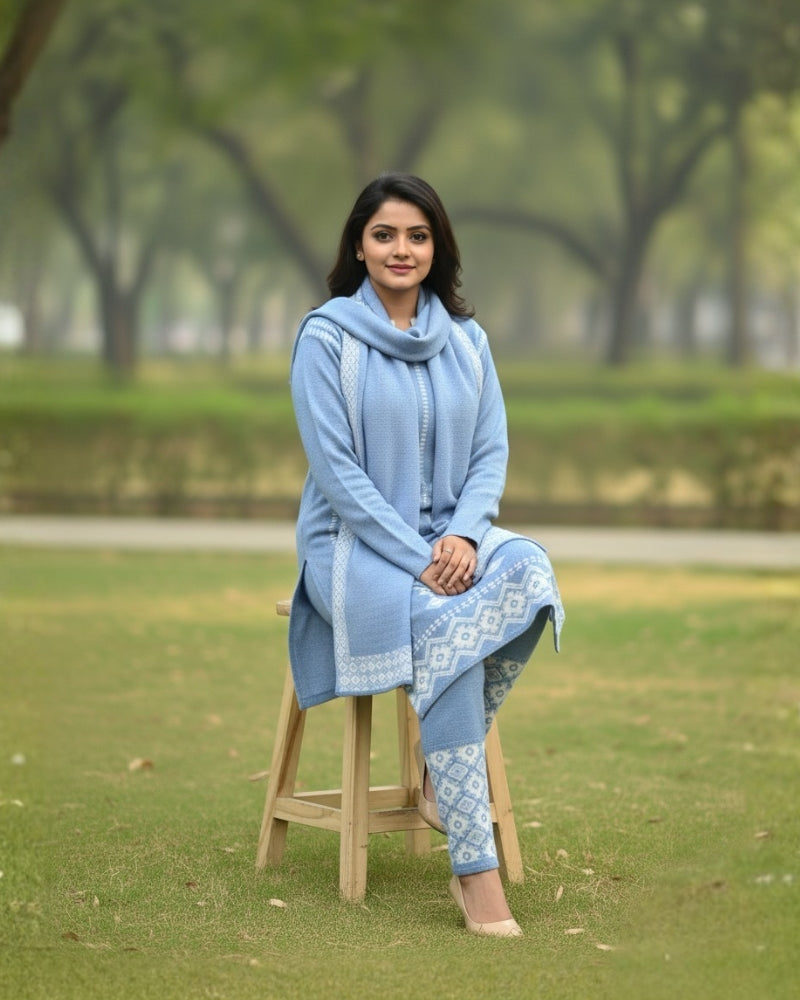 प्रीमियम 3-पीस ऊनी विंटर कुर्ती सेट | बॉटम और स्टोल के साथ बुना हुआ कुर्ता | M-XXL साइज़