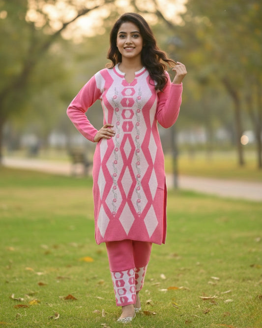 Women's Geometric Print Pink Color Woolen Kurti Set | Warm Winter 3-Piece Suit