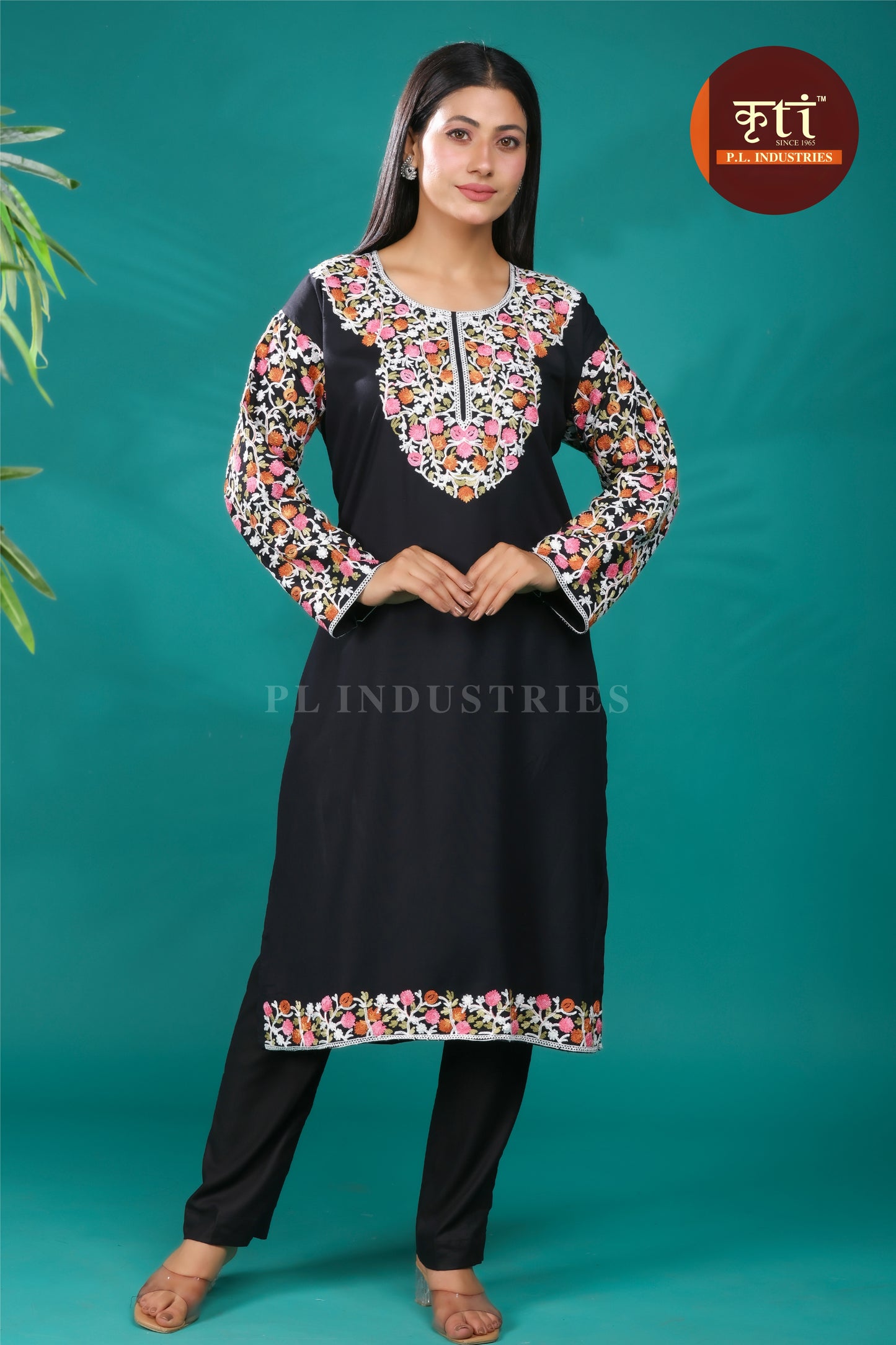 Refined Black Rayon Kurti with Delicate Floral Embroidery | Everyday Ethnic Luxury by Kriti Free Size